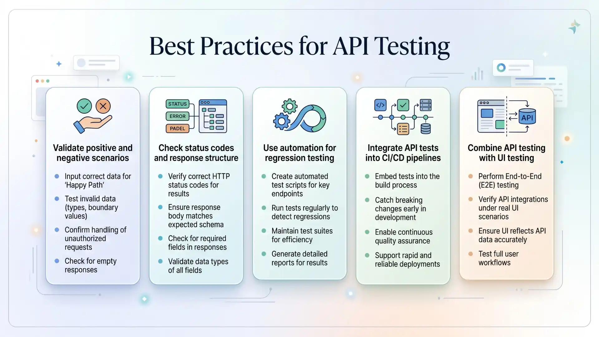 Infographic showing best practices for API testing, including validating scenarios, checking status codes, using automation, integrating with CI/CD pipelines, and combining API and UI testing.