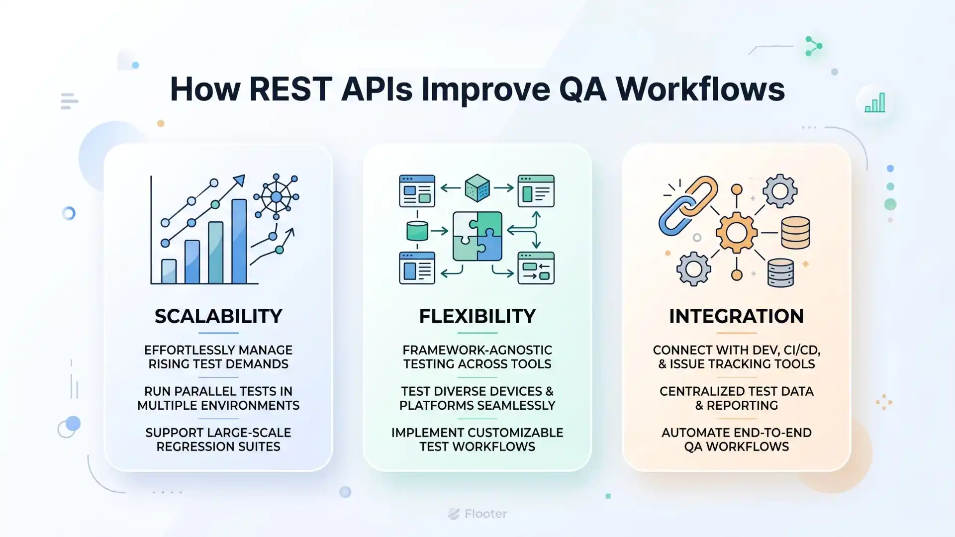 Infographic showing how REST APIs improve QA workflows through scalability, flexibility, and integration in modern software testing.