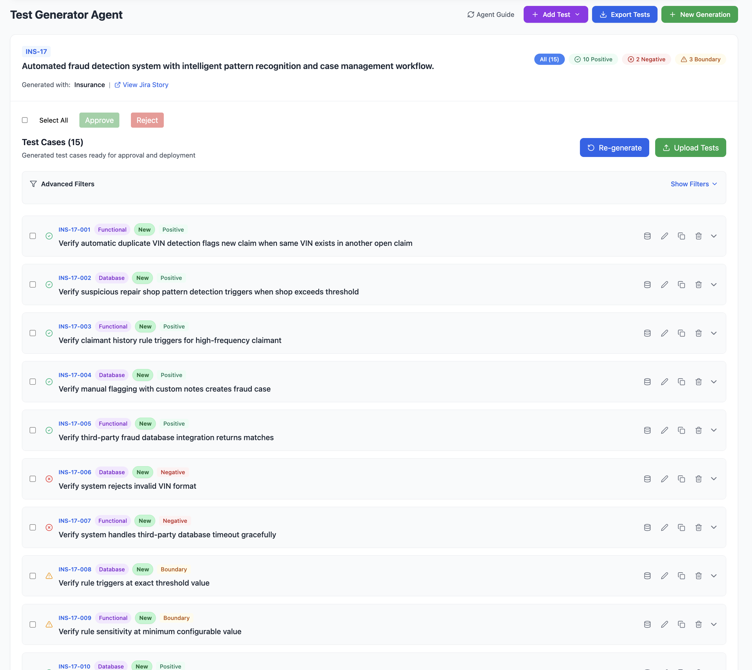 Review, filter, and approve test cases