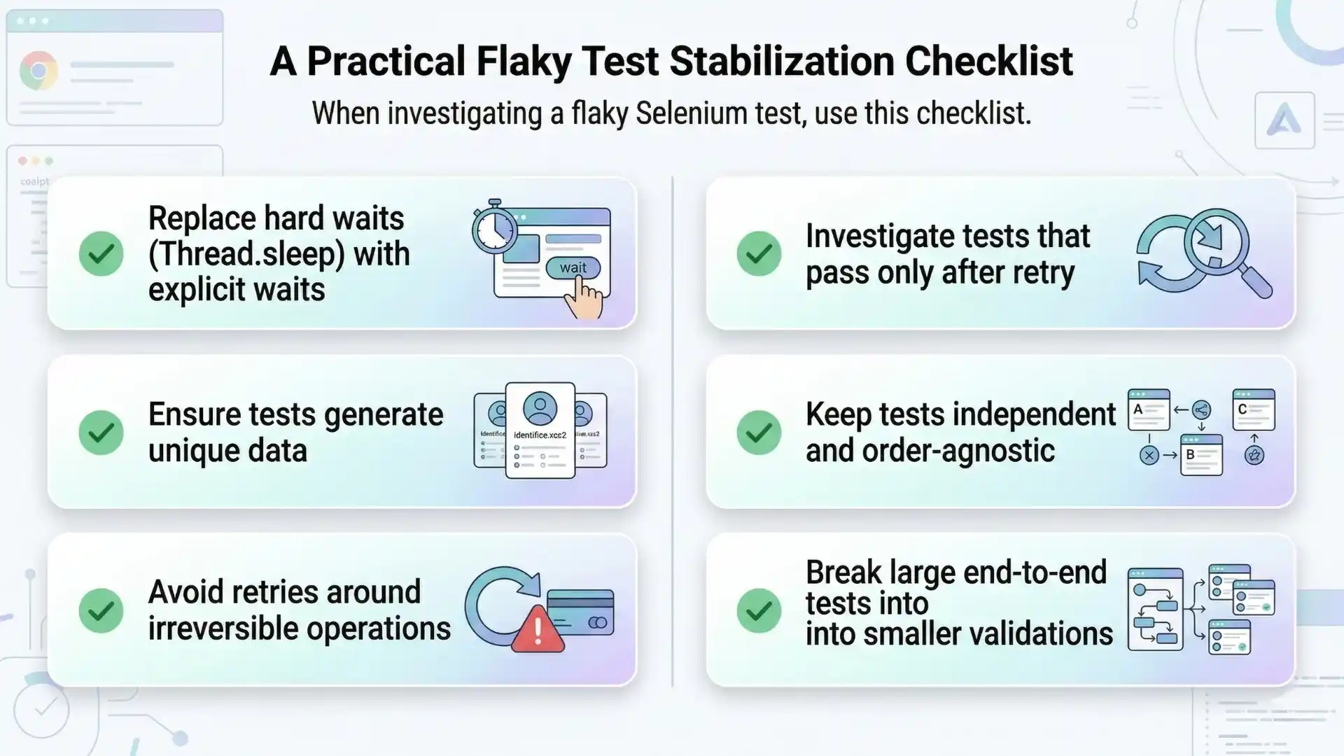 Infographic showing a practical checklist to stabilize flaky Selenium tests including replacing hard waits with explicit waits, using unique test data, avoiding risky retries, and ensuring test isolation.