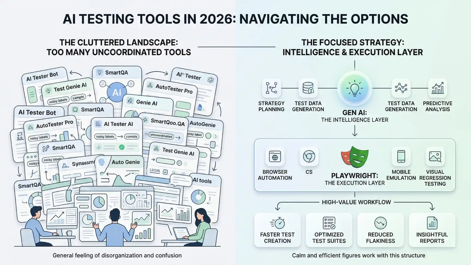 Infographic showing why Gen AI and Playwright matter more than long lists of AI testing tools in 2026.