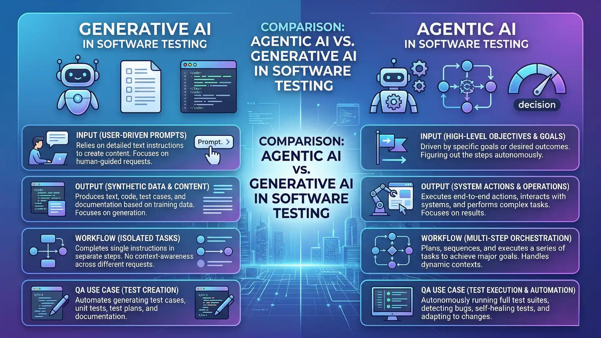 Agentic AI vs Generative AI comparison infographic for QA engineers in software testing