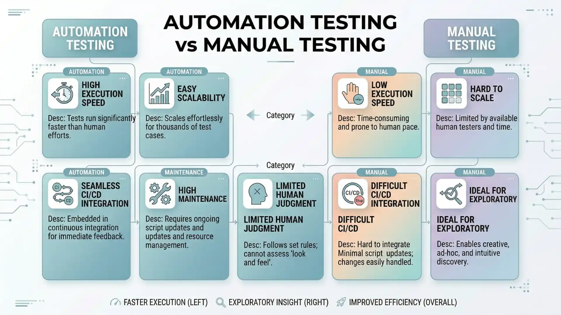 Comparison infographic explaining the differences between automation testing and manual testing including speed, scalability, CI/CD integration, and human exploratory testing capabilities.