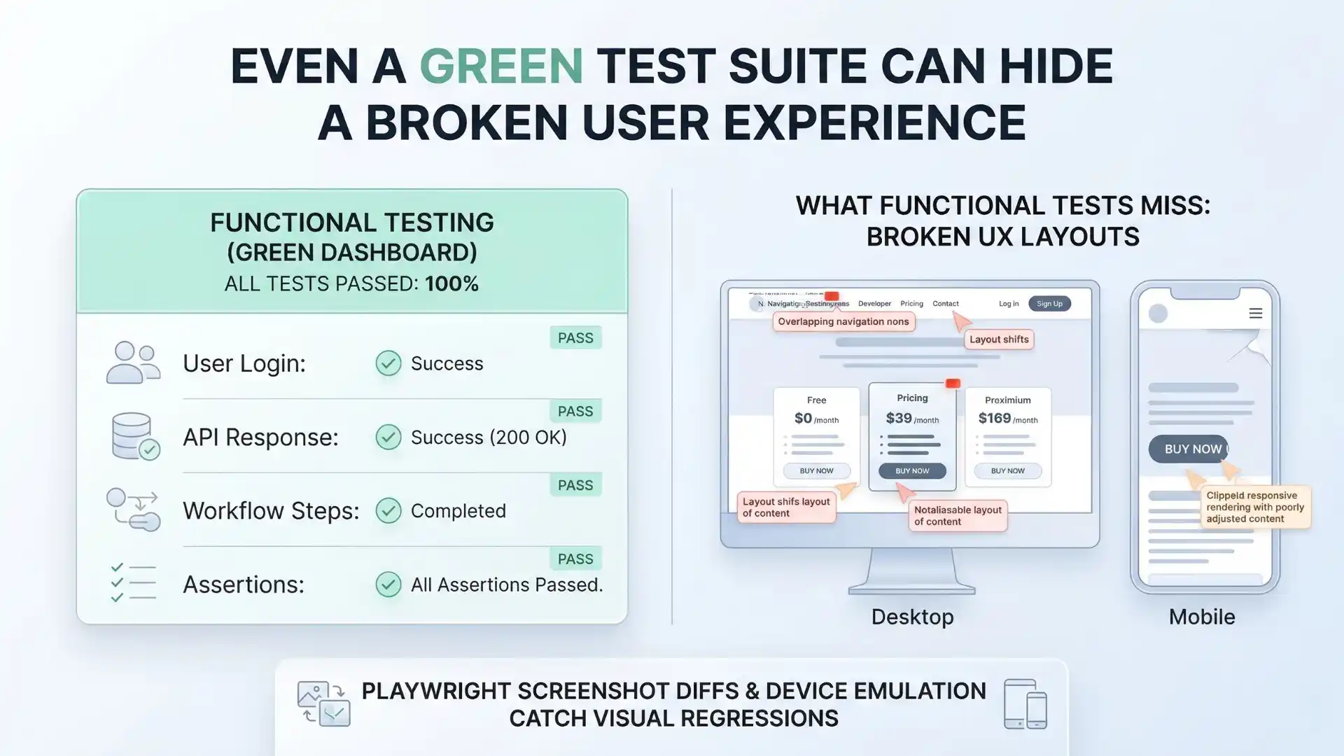 Infographic showing the gap between functional test success and visual quality, with Playwright helping catch responsive layout and screenshot-based regressions.