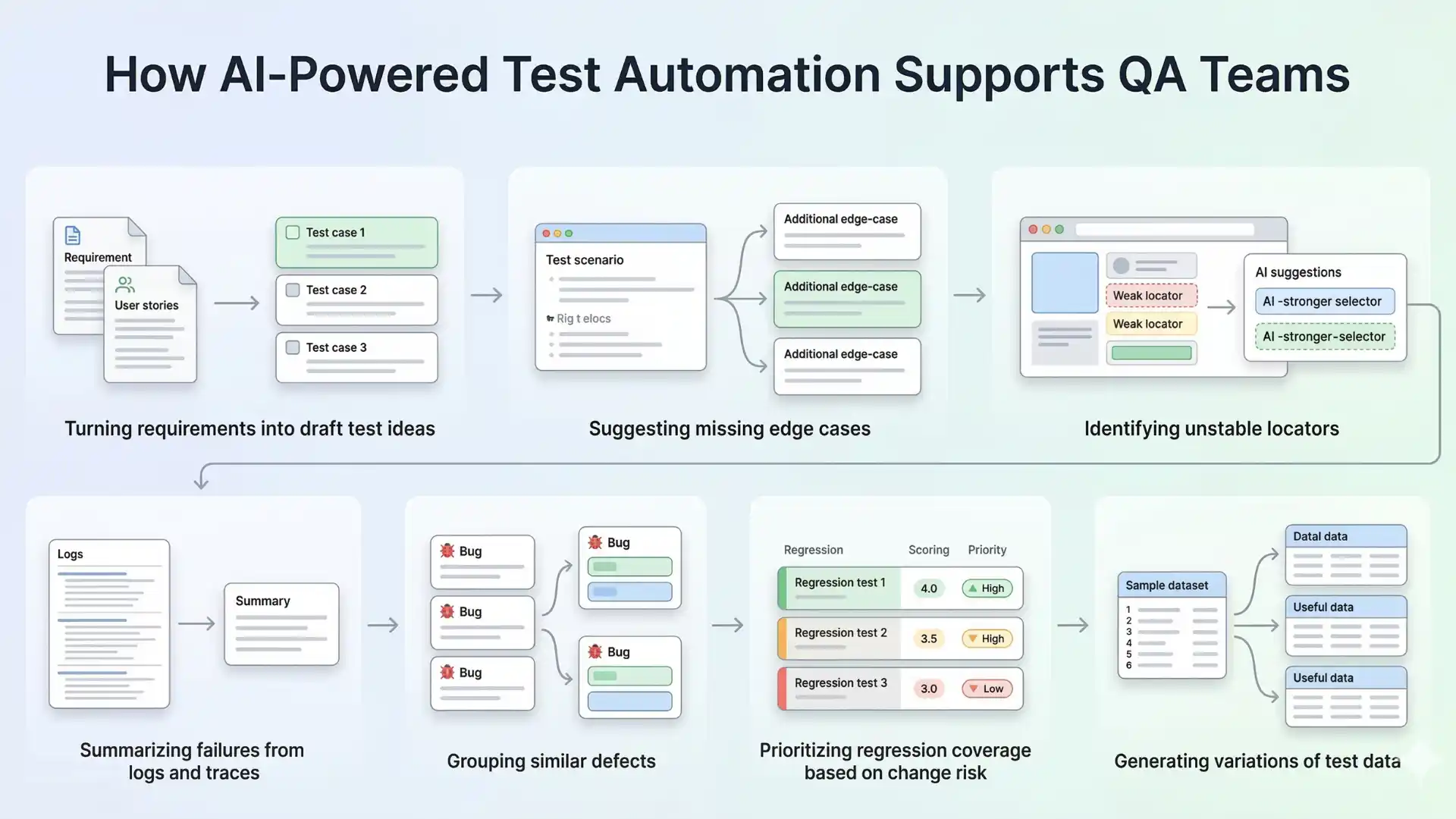 Infographic showing how AI-powered test automation supports QA teams through test idea generation, edge-case suggestions, unstable locator detection, failure summarization, defect grouping, regression prioritization, and test data variation generation.
