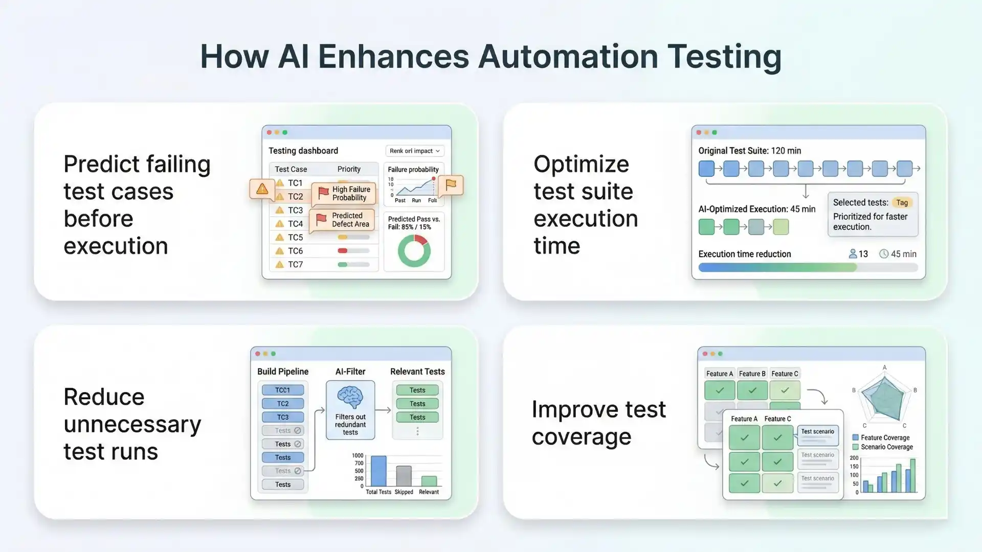 Light-theme infographic explaining how AI enhances automation testing through failing test prediction, test suite optimization, fewer unnecessary test runs, and improved test coverage in Selenium automation testing.