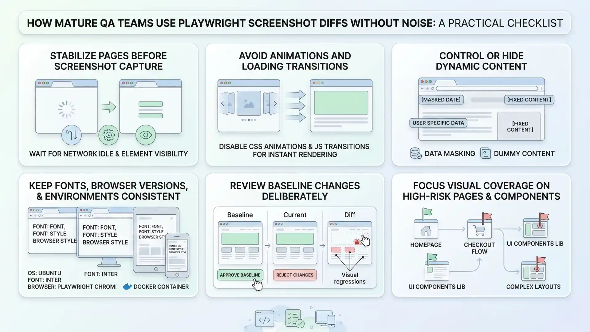 Infographic showing how mature QA teams use Playwright screenshot diffs and device emulation with stable baselines, controlled content, and focused visual coverage.