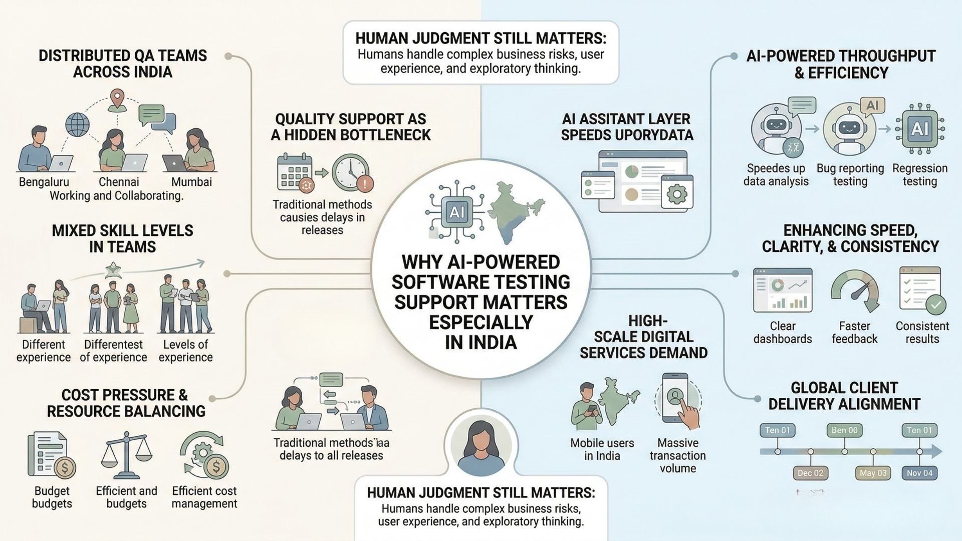 Infographic showing why AI matters for software testing support in India, helping distributed QA teams improve speed, consistency, throughput, and decision quality at scale.