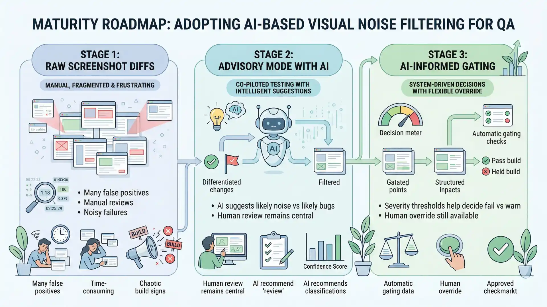 Infographic showing how QA teams can adopt AI-based visual noise filtering through raw diffs, advisory mode, and AI-informed gating with human review.
