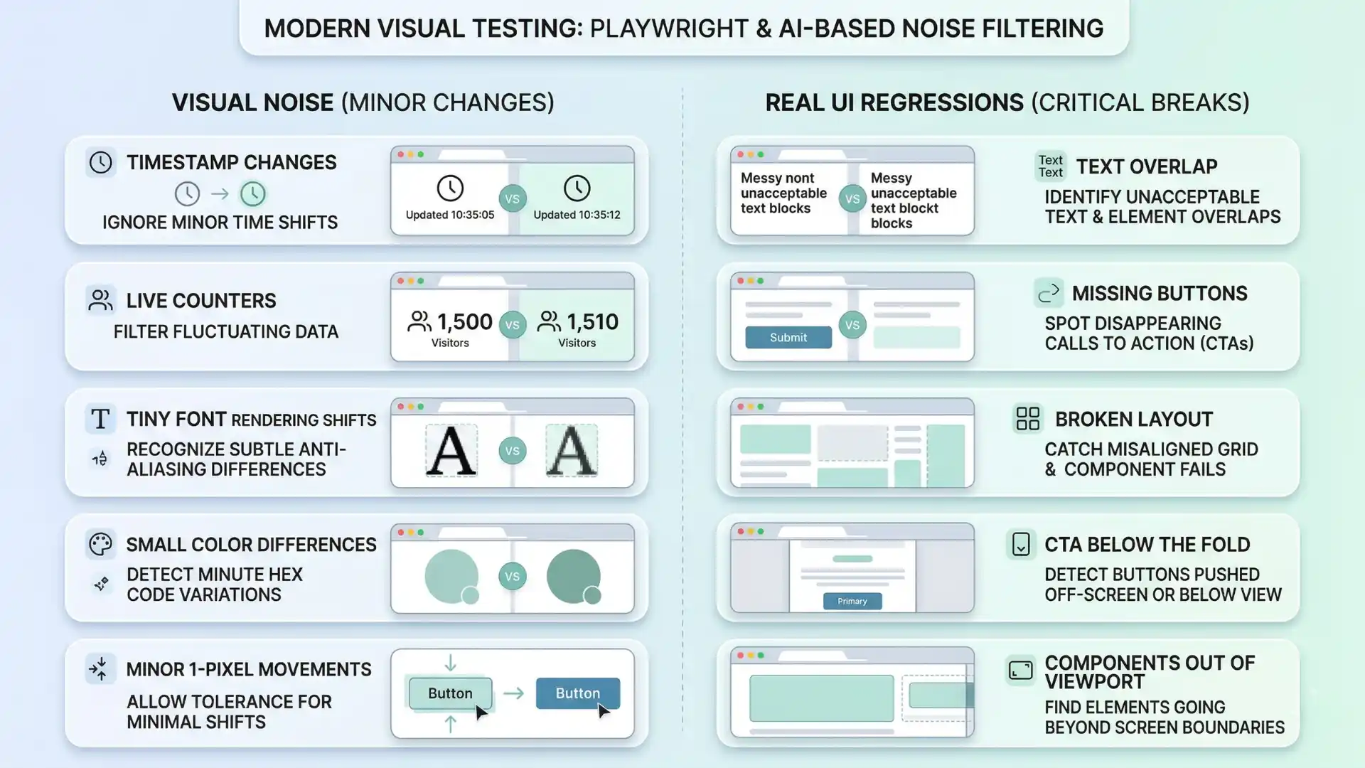 Infographic showing the difference between visual noise and real UI regressions in Playwright visual testing, including harmless screenshot diffs and serious layout issues.