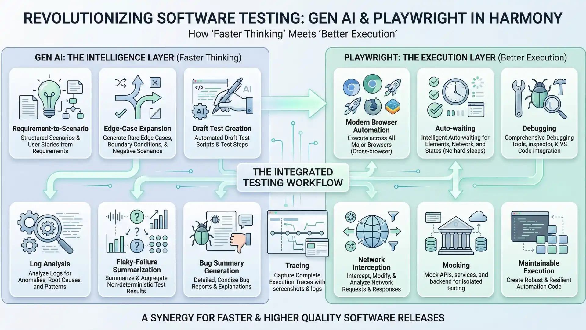 Infographic explaining Gen AI as the intelligence layer and Playwright as the execution layer in AI-assisted software testing.