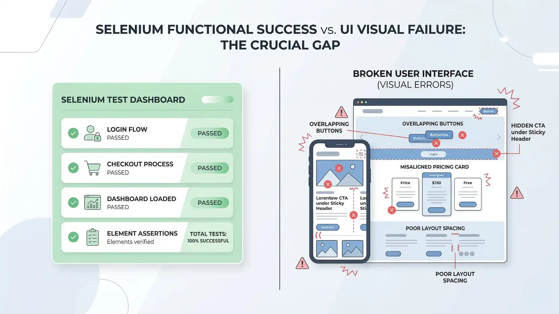 Infographic showing Selenium tests passing while the UI still breaks due to overlapping elements, hidden buttons, and responsive layout issues