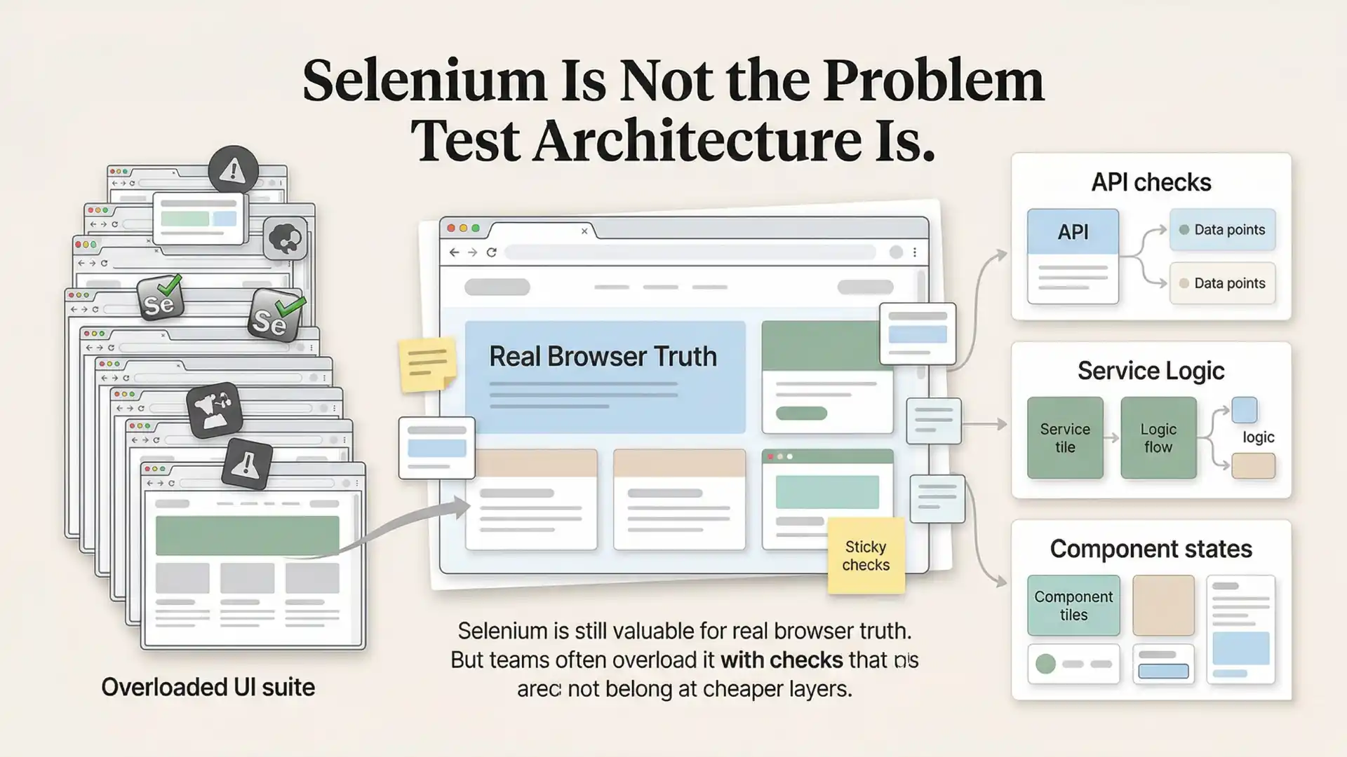 Editorial infographic showing why Selenium is not the problem in slow automation suites, with test architecture, API checks, component checks, and browser truth visualized across better testing layers.
