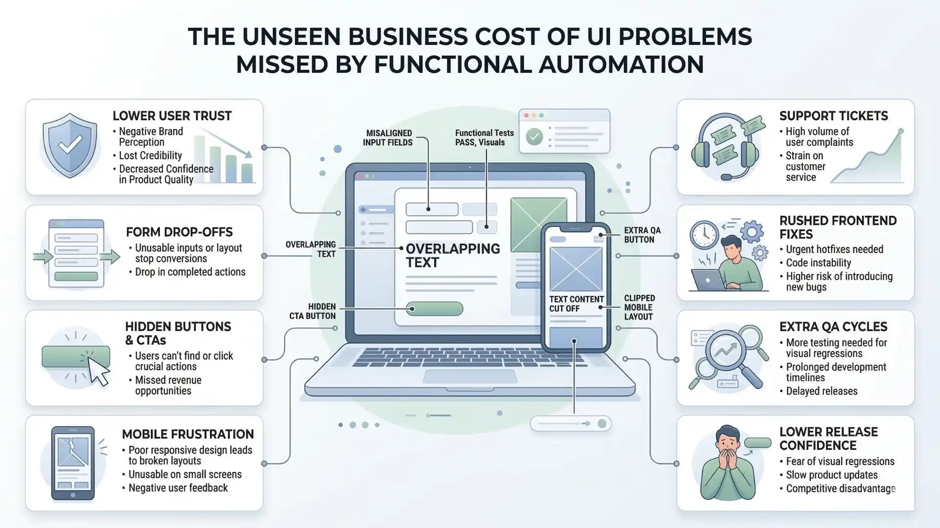 Infographic showing the business impact of missed UI issues including lower trust, user drop-offs, support costs, and weaker release confidence