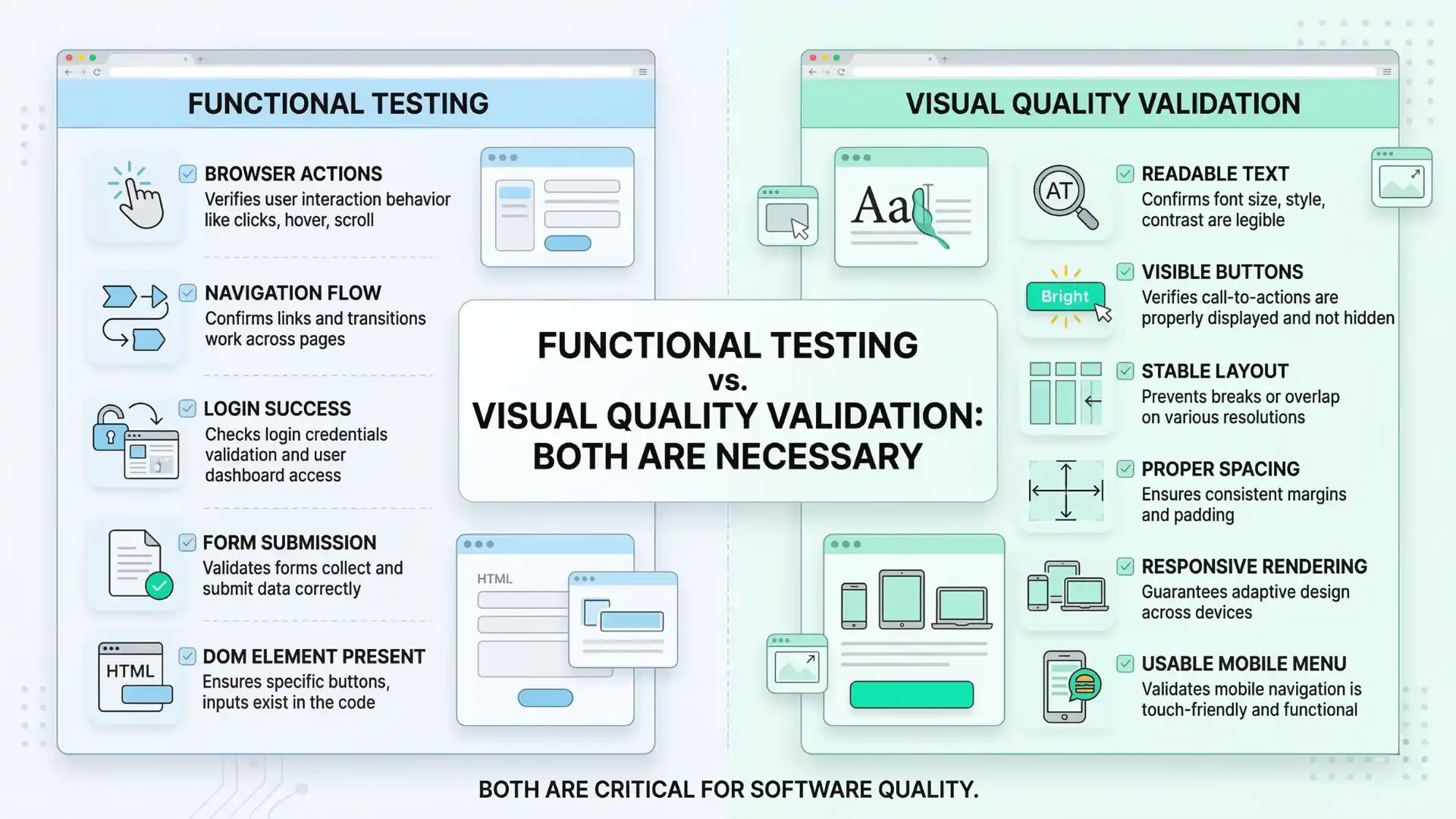 Infographic explaining the difference between functional Selenium testing and visual quality validation across responsive user interfaces