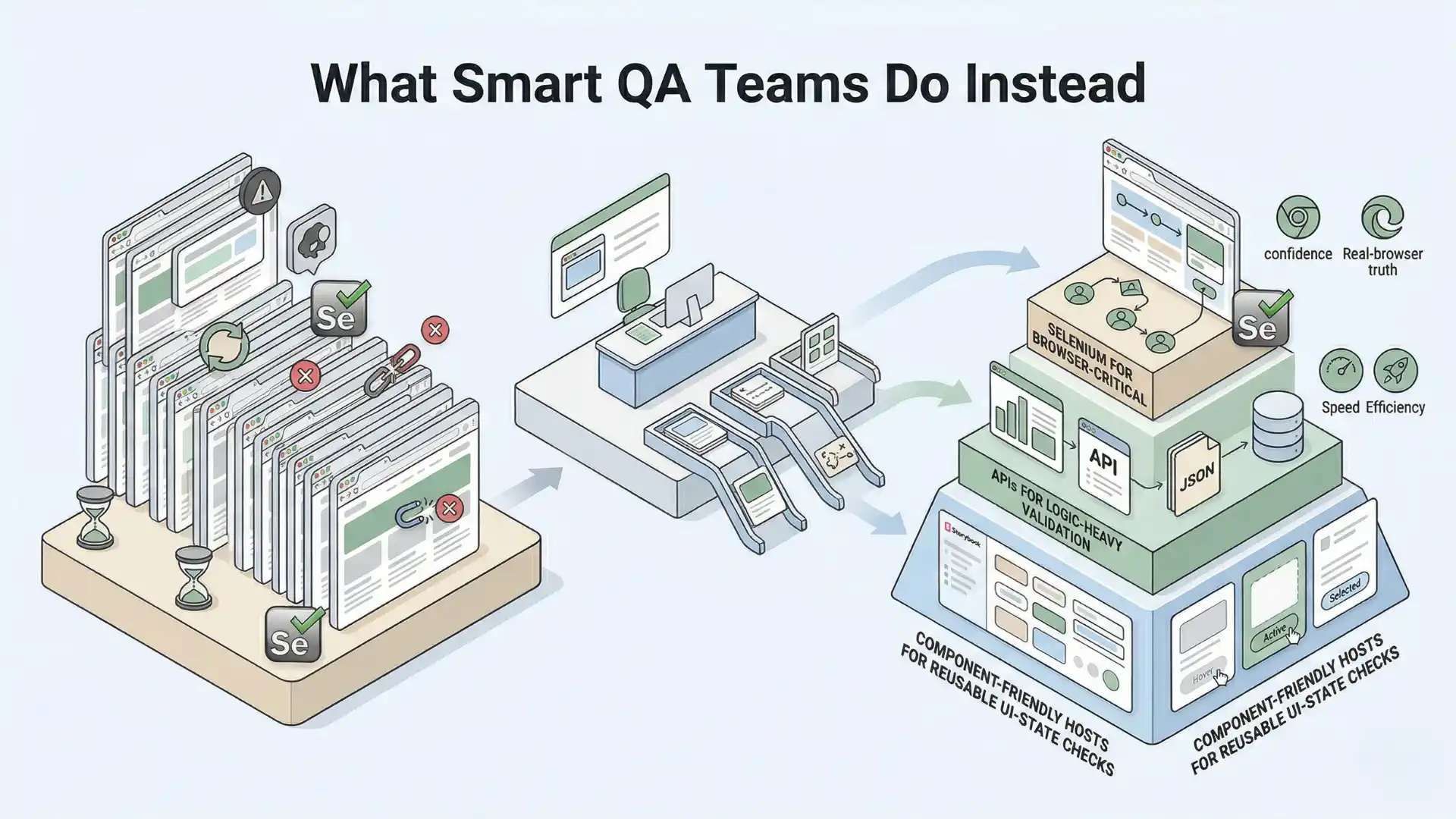 Isometric infographic showing how mature QA teams reduce Selenium suite overload by classifying tests into browser-critical, logic-heavy, and reusable UI-state checks across better layers.