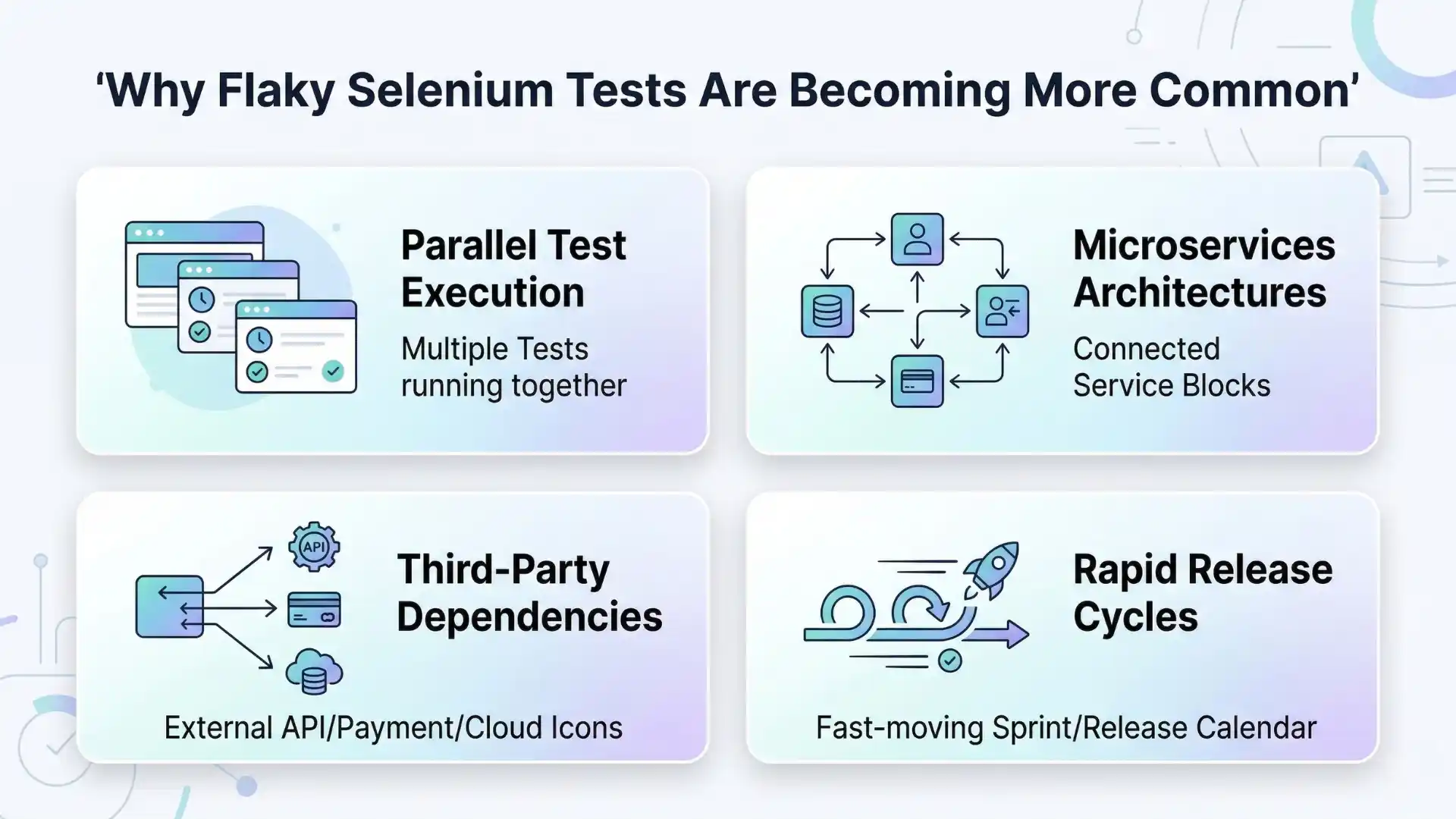 Infographic explaining why flaky Selenium tests are becoming more common, highlighting parallel test execution, microservices architectures, third-party dependencies, and rapid release cycles.
