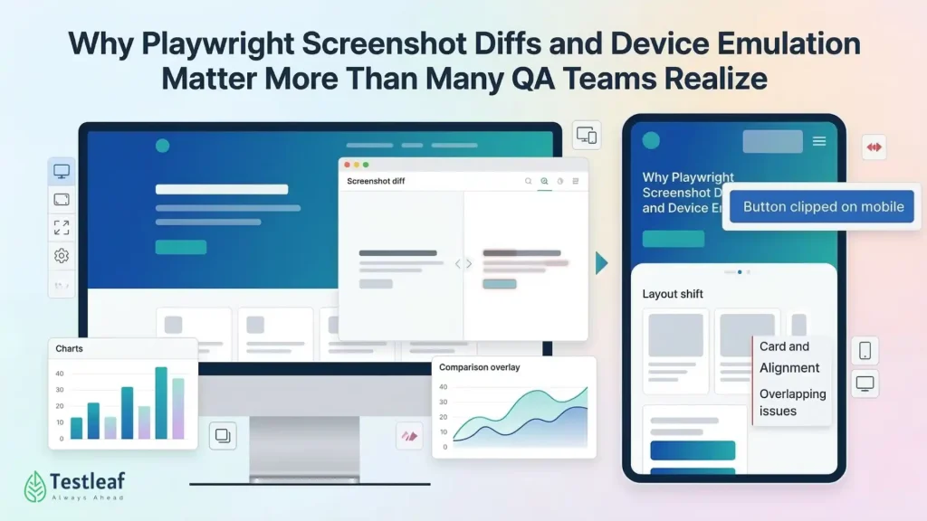 Hero image for a blog about Playwright visual testing, showing desktop and mobile screens side by side with screenshot diff highlights that reveal layout and responsive design issues. The image emphasizes how device emulation and visual comparison help QA teams catch UI problems that functional tests may miss, alongside the title ‘Why Playwright Screenshot Diffs and Device Emulation Matter More Than Many QA Teams Realize.