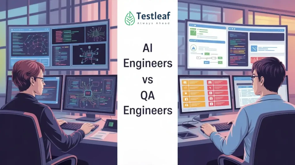 Title image for “AI Engineers vs QA Engineers: Who Makes AI Systems Trustworthy?” showing AI engineers building intelligent systems and QA engineers validating outputs, identifying risks, and ensuring trustworthy AI system behavior.