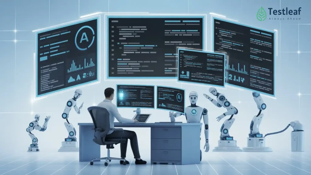 Title image for AI in software testing showing testers using AI-driven workflows, intelligent test automation, modern QA roles, and the future of software testing in 2026.