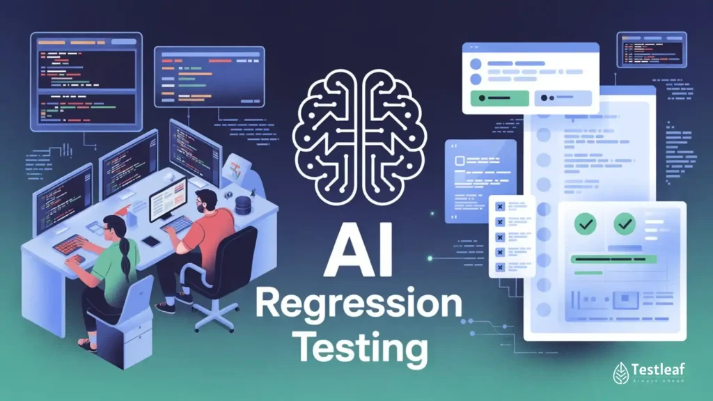 Infographic showing the real benefits of AI in regression testing for large projects, featuring automated test analysis, faster execution, reduced flakiness, smarter prioritization, and improved QA efficiency.