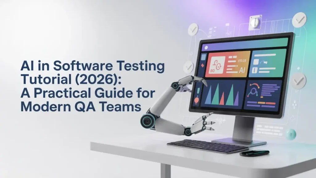 Title image for AI in software testing tutorial 2026 showing modern QA workflows, intelligent test automation, machine learning in testing, and practical tools for quality engineering teams.