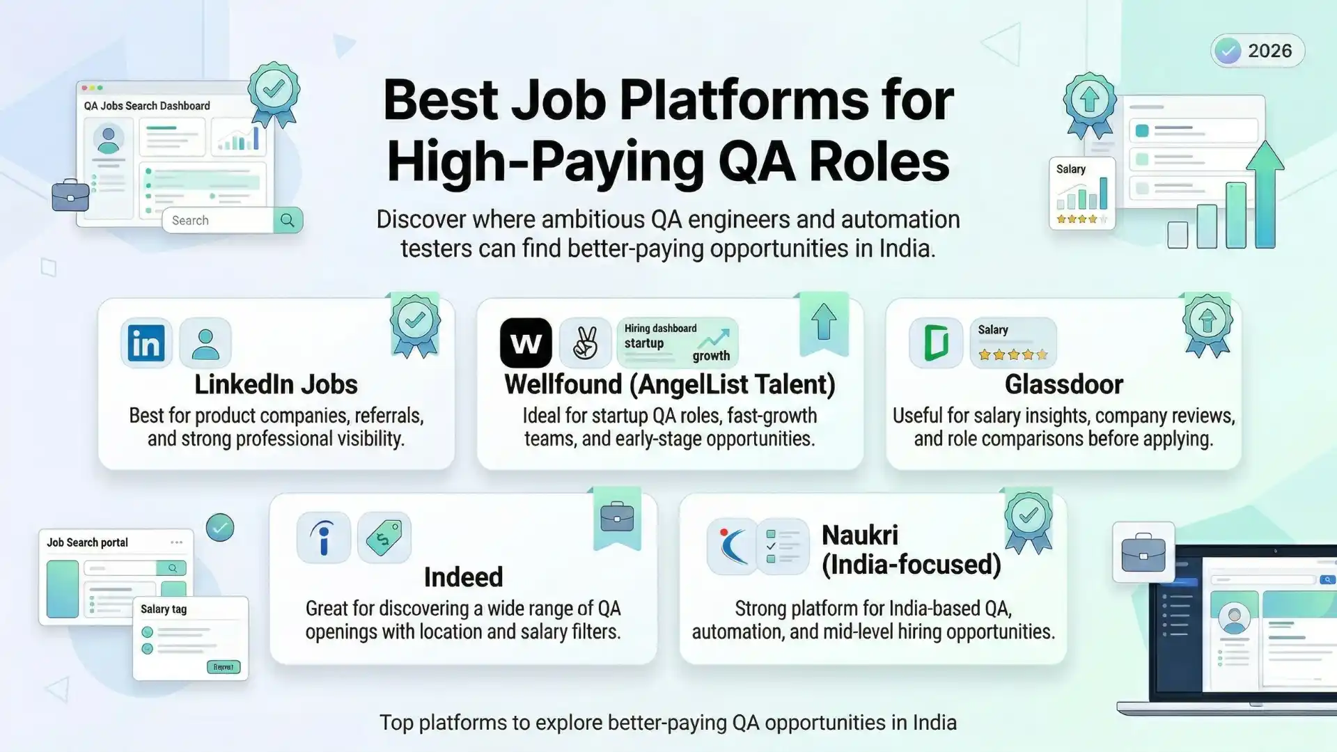 Infographic on the best job platforms for high-paying QA roles featuring LinkedIn Jobs, Wellfound, Glassdoor, Indeed, and Naukri for software testers in India.