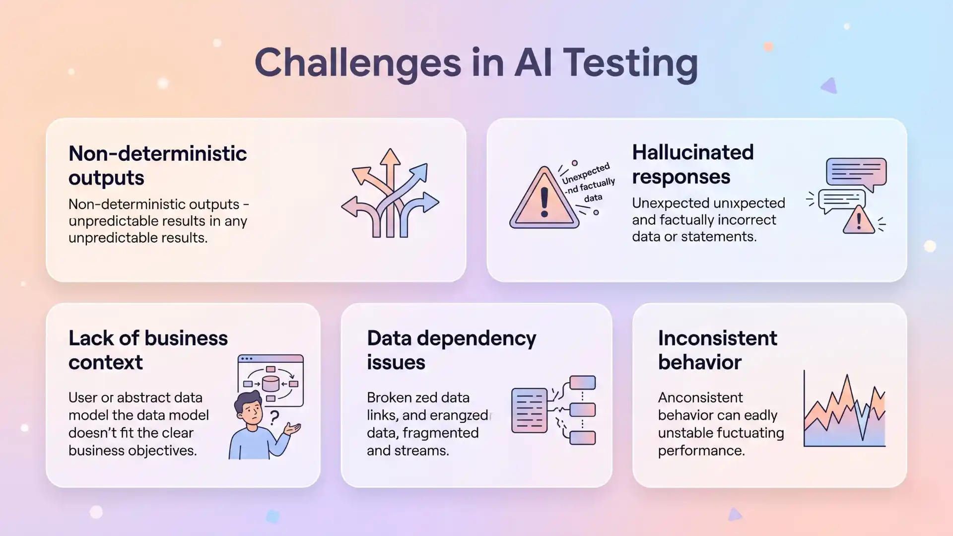 Infographic highlighting challenges in AI testing such as non-deterministic outputs, hallucinations, lack of business context, data dependency, and inconsistent AI behavior.