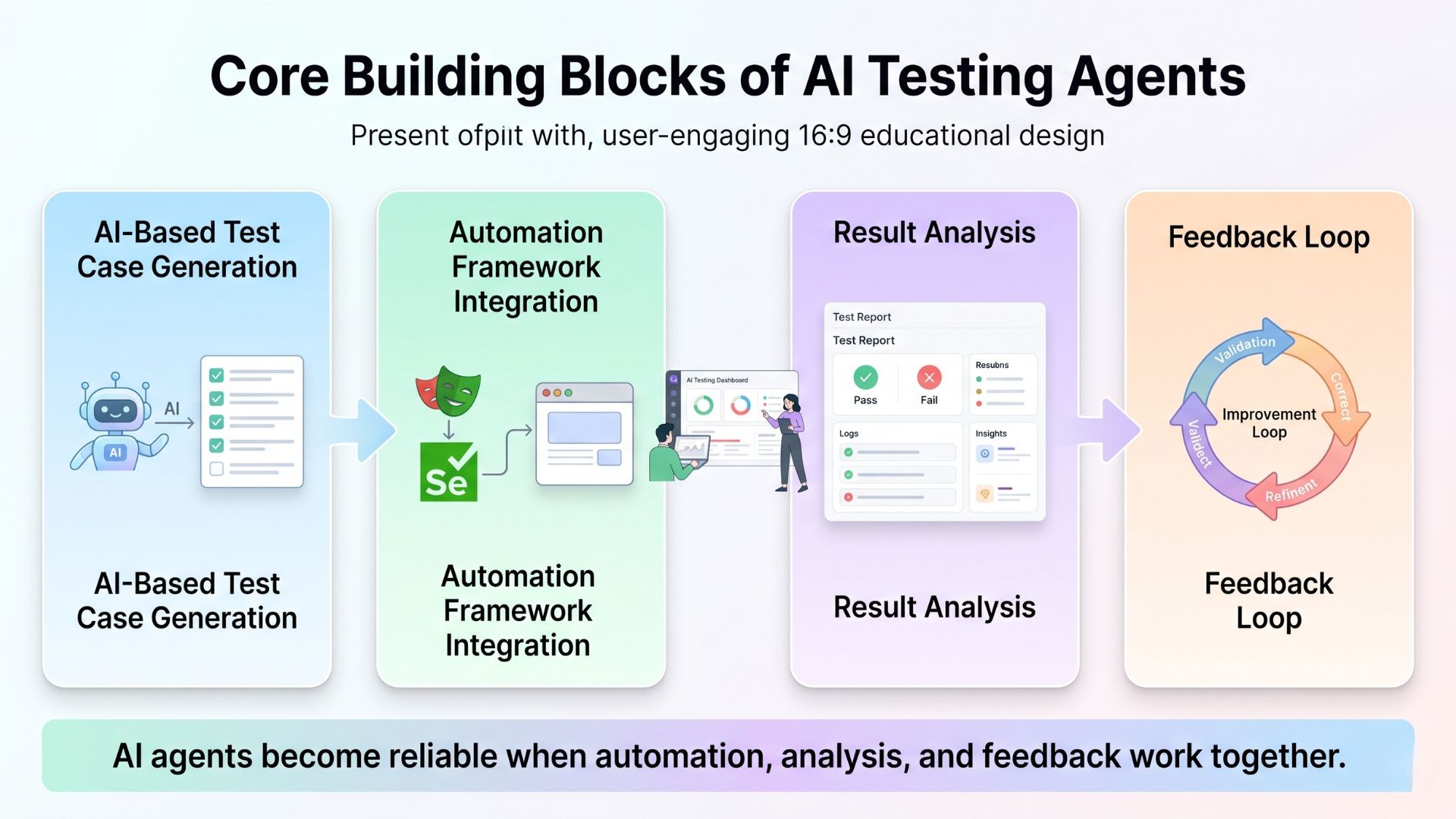 Infographic showing the core building blocks of AI testing agents, including AI-based test case generation, automation framework integration, result analysis, and feedback loop for reliable AI-driven QA workflows.