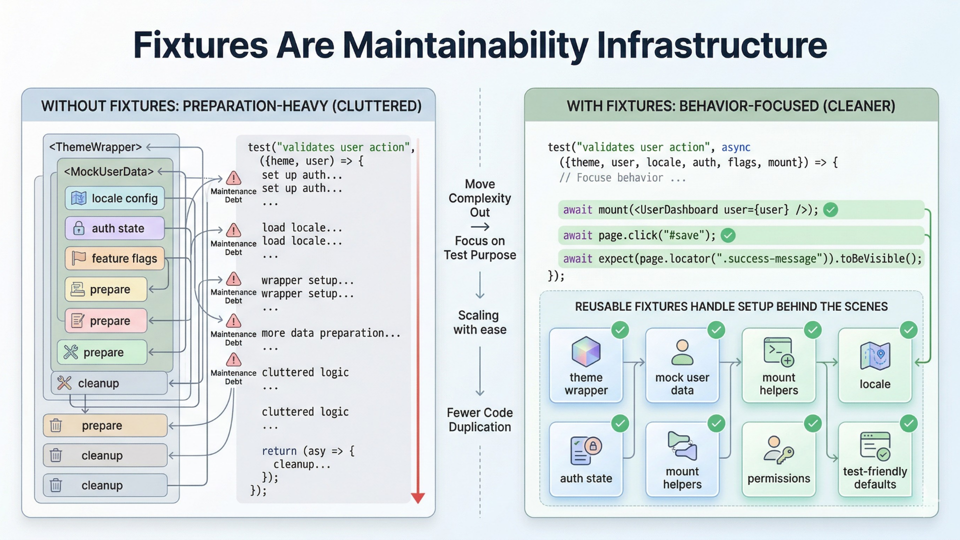 Infographic showing how Playwright fixtures reduce repeated setup noise by managing wrappers, mock data, locale, permissions, and mount helpers outside the test body.