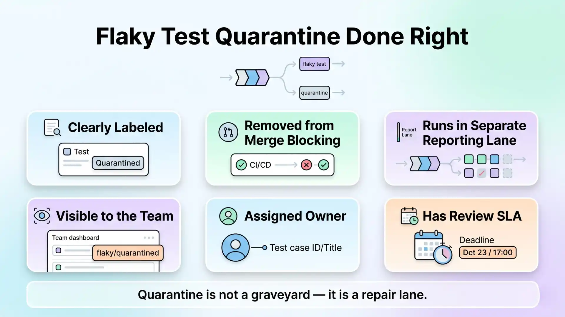 Infographic explaining flaky test quarantine best practices, including clear labeling, removal from merge-blocking checks, separate reporting lanes, team visibility, assigned ownership, and review SLA in a clean 16:9 QA design.