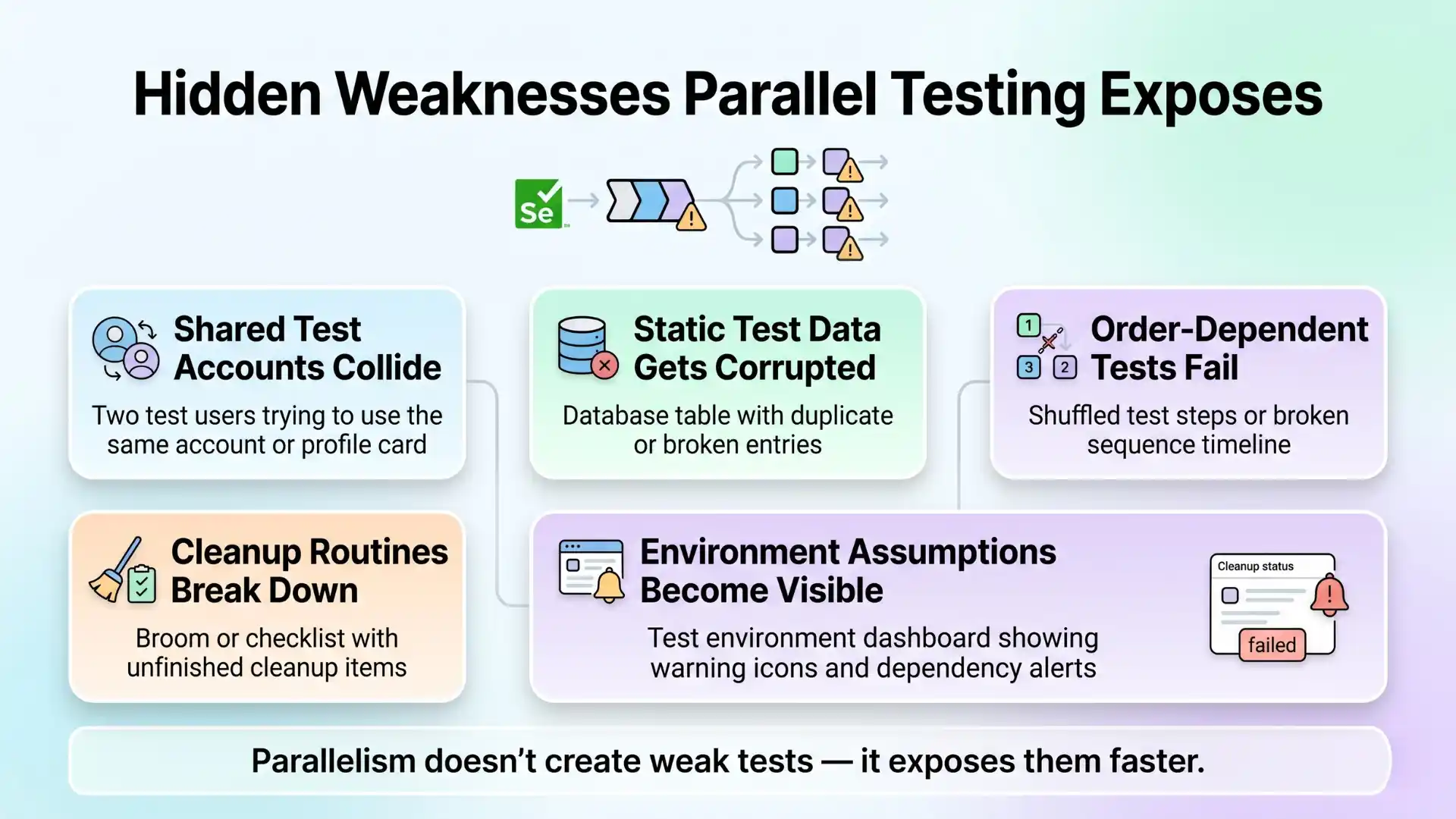 Infographic showing hidden weaknesses exposed by parallel testing, including shared test account collisions, corrupted static test data, order-dependent failures, broken cleanup routines, and visible environment assumptions in a clean 16:9 QA design.