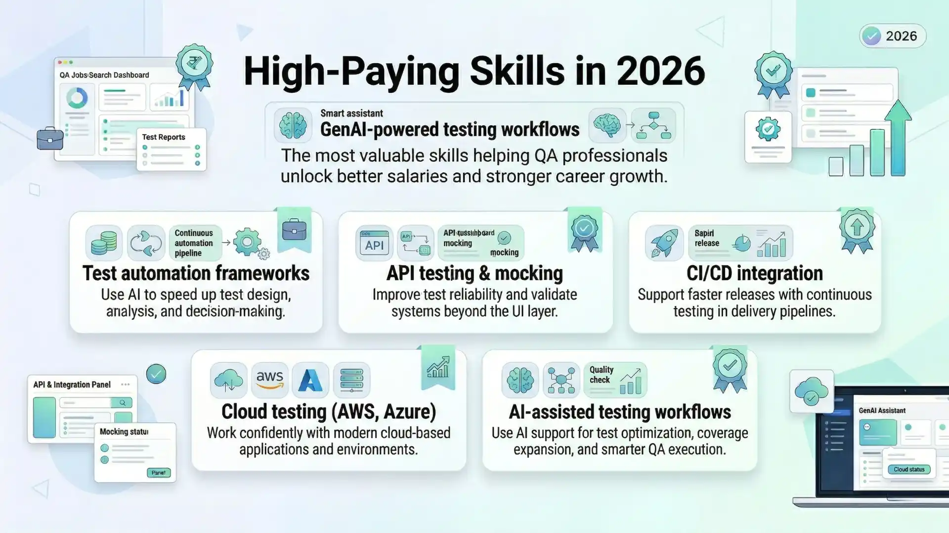 Infographic showing high-paying skills for software testers in 2026, including GenAI-powered testing workflows, test automation frameworks, API testing, CI/CD, cloud testing, and AI-assisted QA workflows.