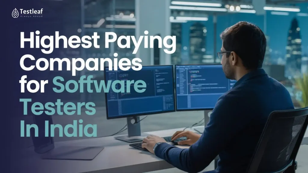 Infographic showing 20+ highest paying companies for software testers in India in 2026, highlighting top employers, QA career opportunities, salaries, and high-paying software testing roles.