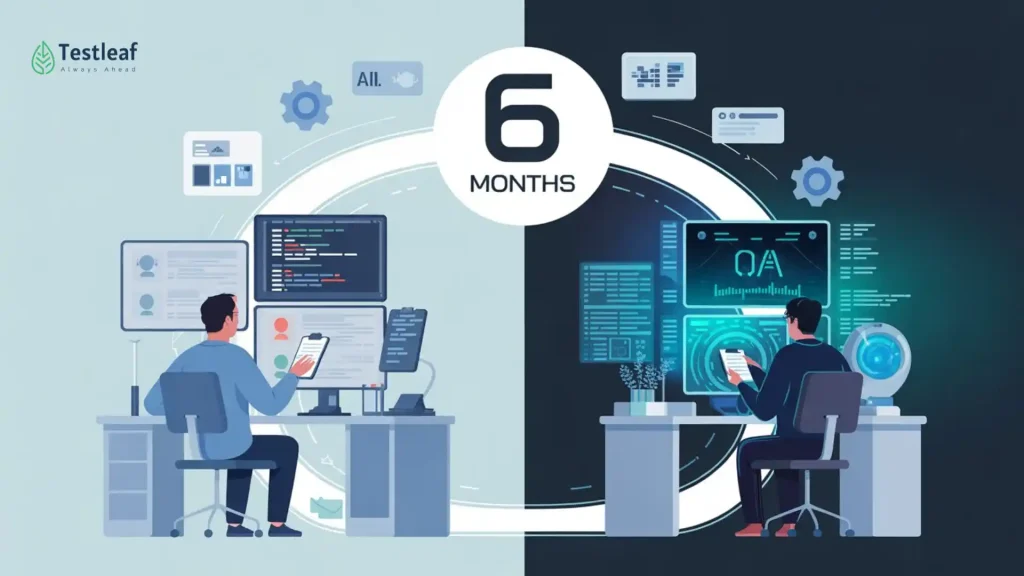 Title image for “How Manual Testers Can Transition to AI-Driven QA in 6 Months” featuring a modern learning roadmap for QA professionals, highlighting manual testing, automation fundamentals, AI-driven workflows, and career growth in software testing.