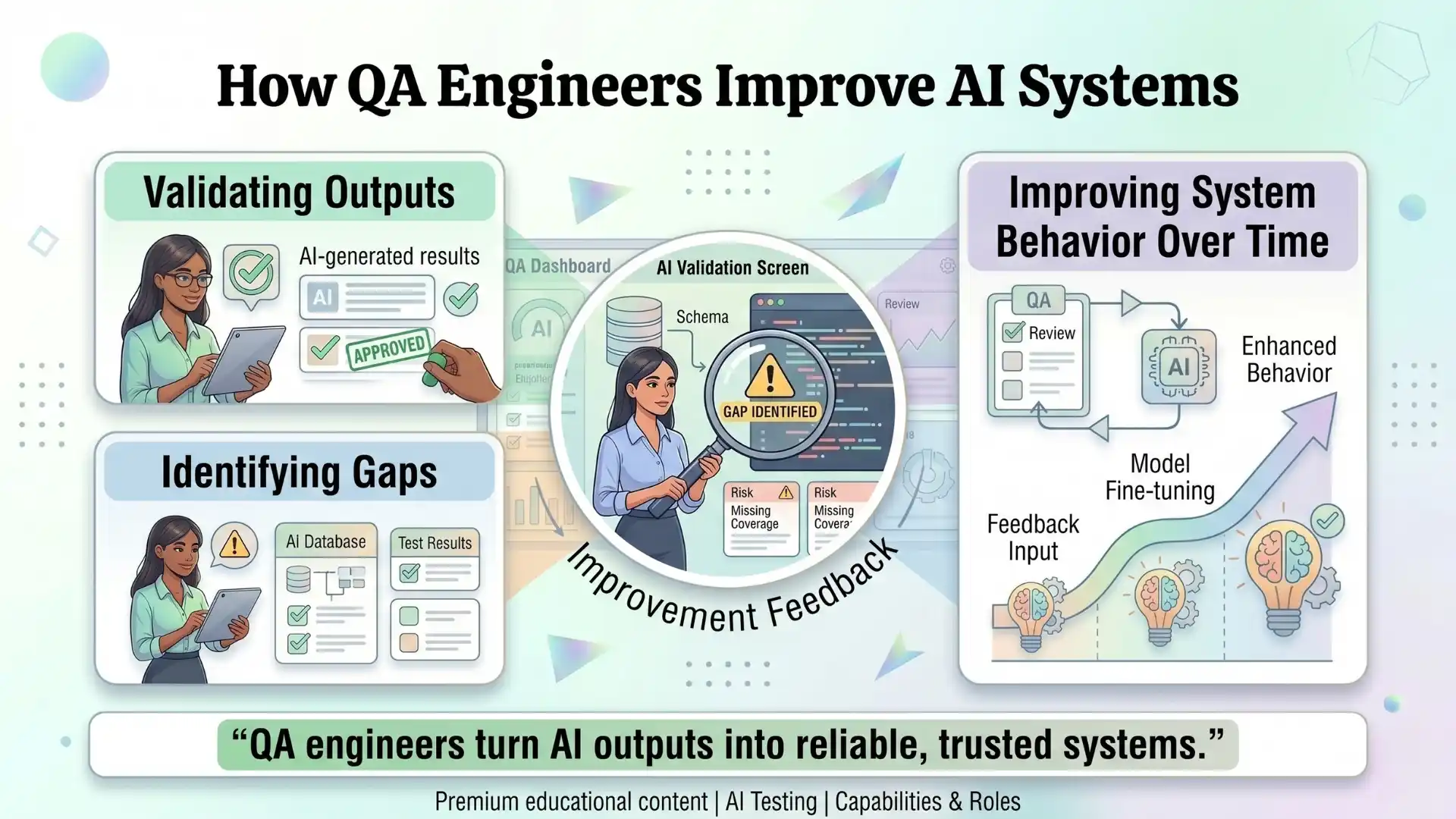 Infographic showing how QA engineers improve AI systems by validating outputs, identifying gaps, and improving system behavior over time through continuous feedback and quality validation.