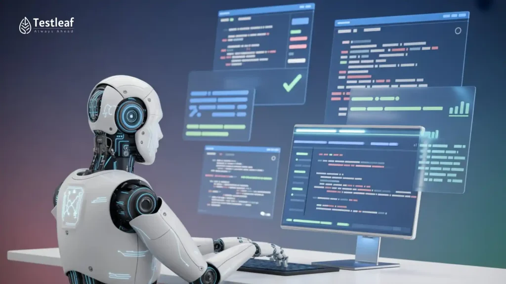 Title image for “How to Build AI Testing Agents: A Beginner’s Guide for QA Engineers” showing AI-driven testing workflows, test case generation, automation execution, result analysis, and QA validation.