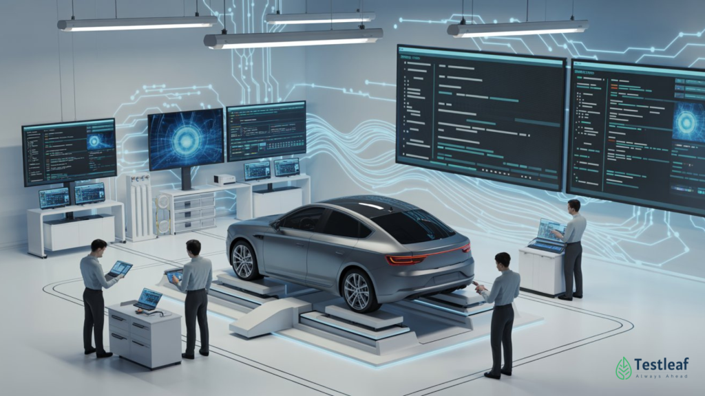 Title image for “How to Test AI Systems in Automotive Software (Complete Guide for QA Engineers)” featuring a modern car with AI elements, highlighting automation testing, machine learning validation, and quality assurance concepts for intelligent automotive systems.
