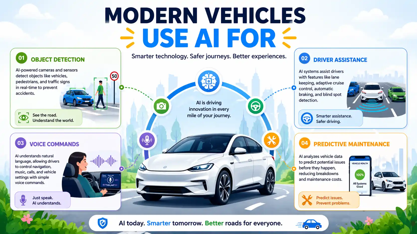 AI infographic showing how modern vehicles use AI for object detection, driver assistance, voice commands, and predictive maintenance, with a smart car illustration at the center and feature panels explaining each automotive AI capability.
