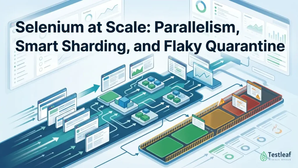 Title image for “Selenium at Scale: Parallelism, Smart Sharding, and Flaky Quarantine” showing scalable Selenium test execution, CI/CD pipelines, parallel test runs, shard distribution, and flaky test management.