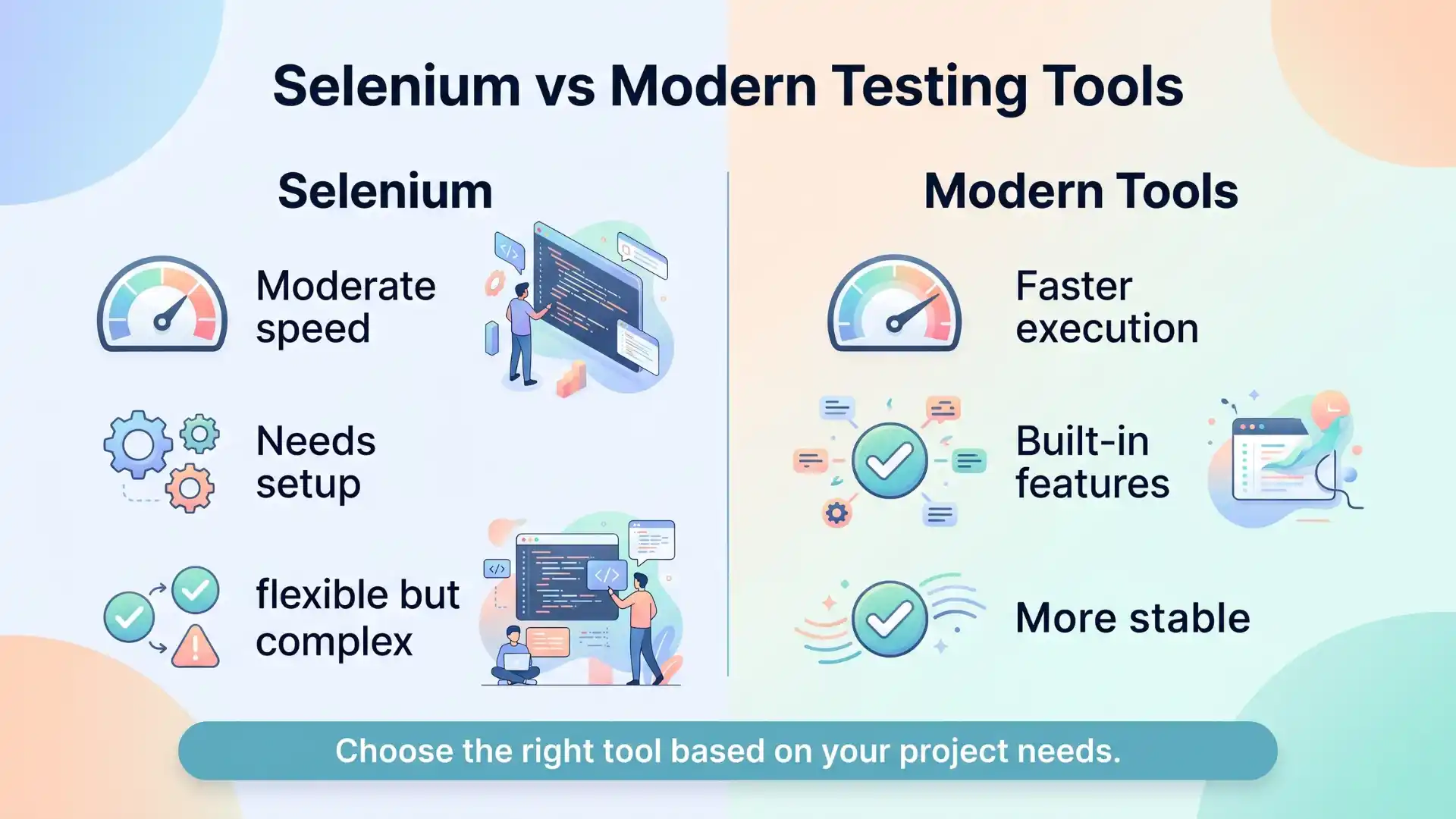 Infographic comparing Selenium and modern testing tools, showing differences in speed, stability, setup complexity, and suitability for automation testing in 2026.