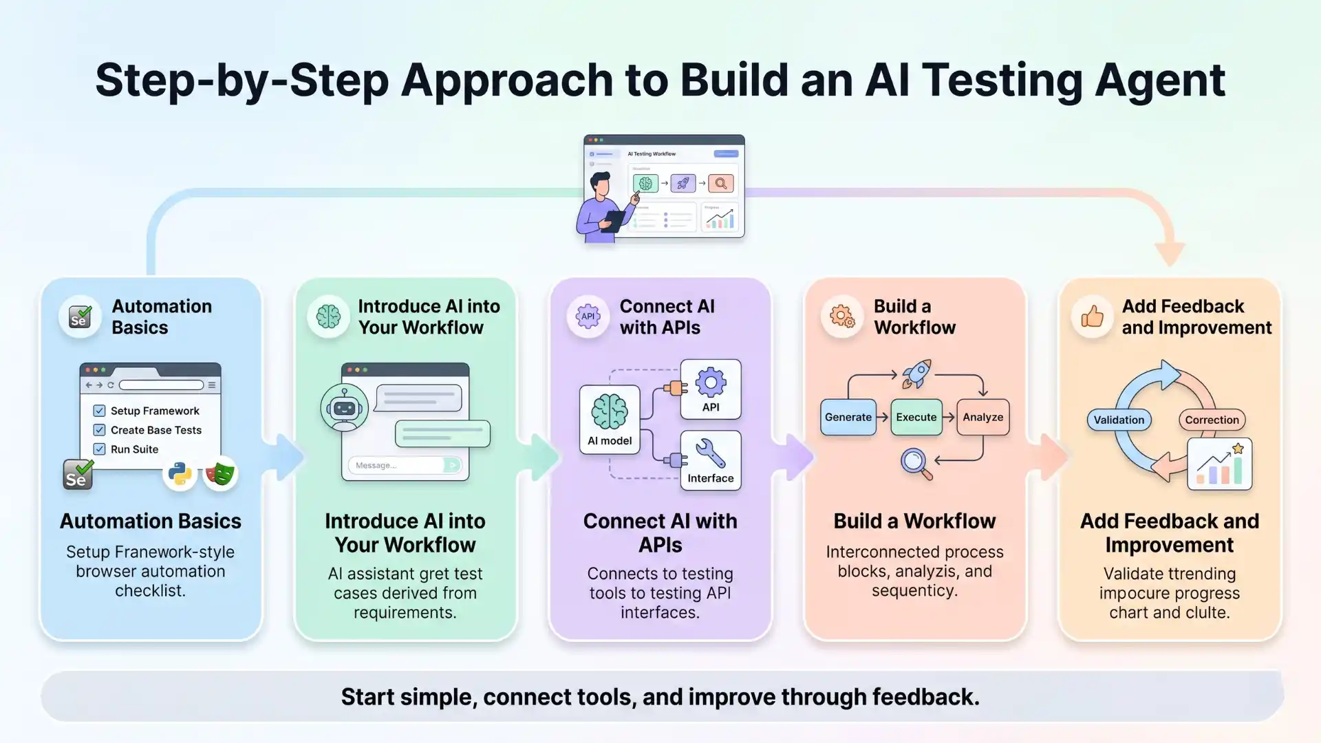 Infographic showing a step-by-step approach to build an AI testing agent, covering automation basics, AI workflow integration, AI API connection, workflow creation, and feedback-based improvement for QA engineers.