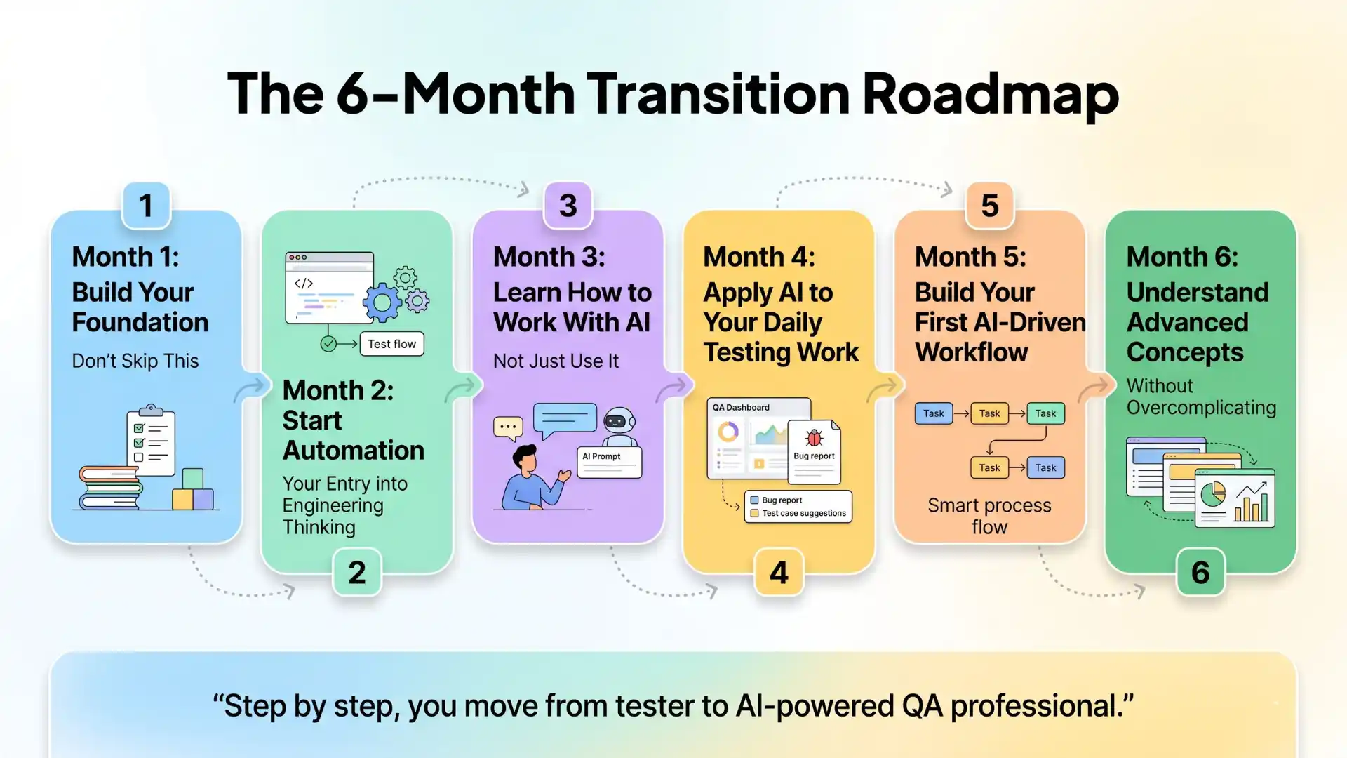 Infographic showing a 6-month transition roadmap for QA professionals, covering foundation building, automation, working with AI, applying AI in daily testing, creating AI-driven workflows, and learning advanced concepts in a clean 16:9 educational design.