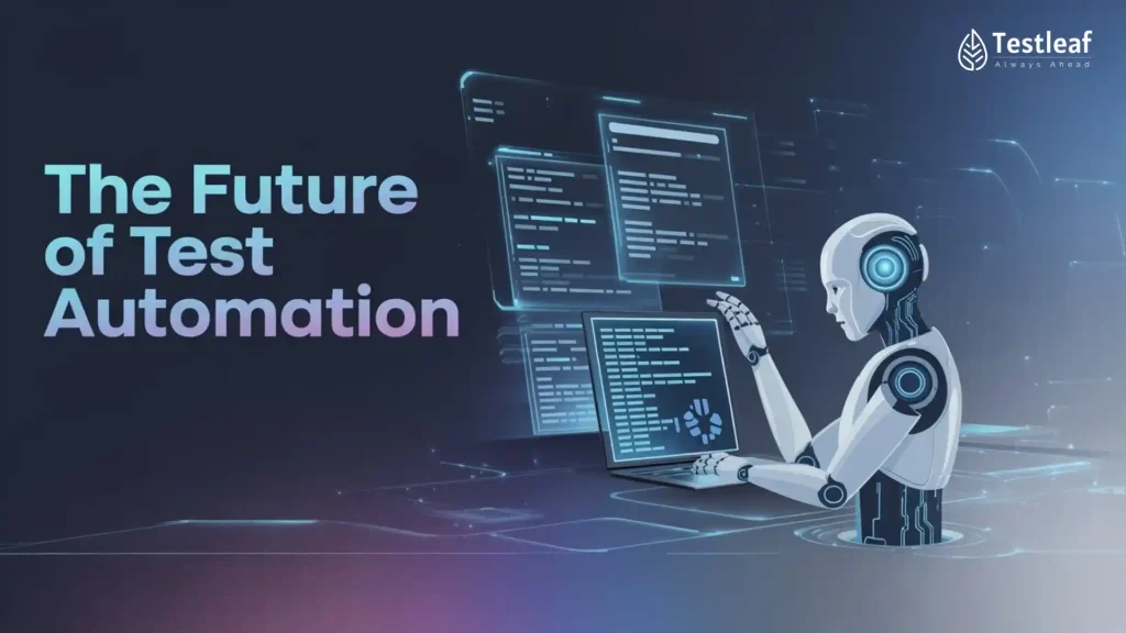 Infographic illustrating the future of test automation, showcasing advancements in AI-driven testing, faster CI/CD pipelines, smarter decision-making, and improved software quality with automation tools.