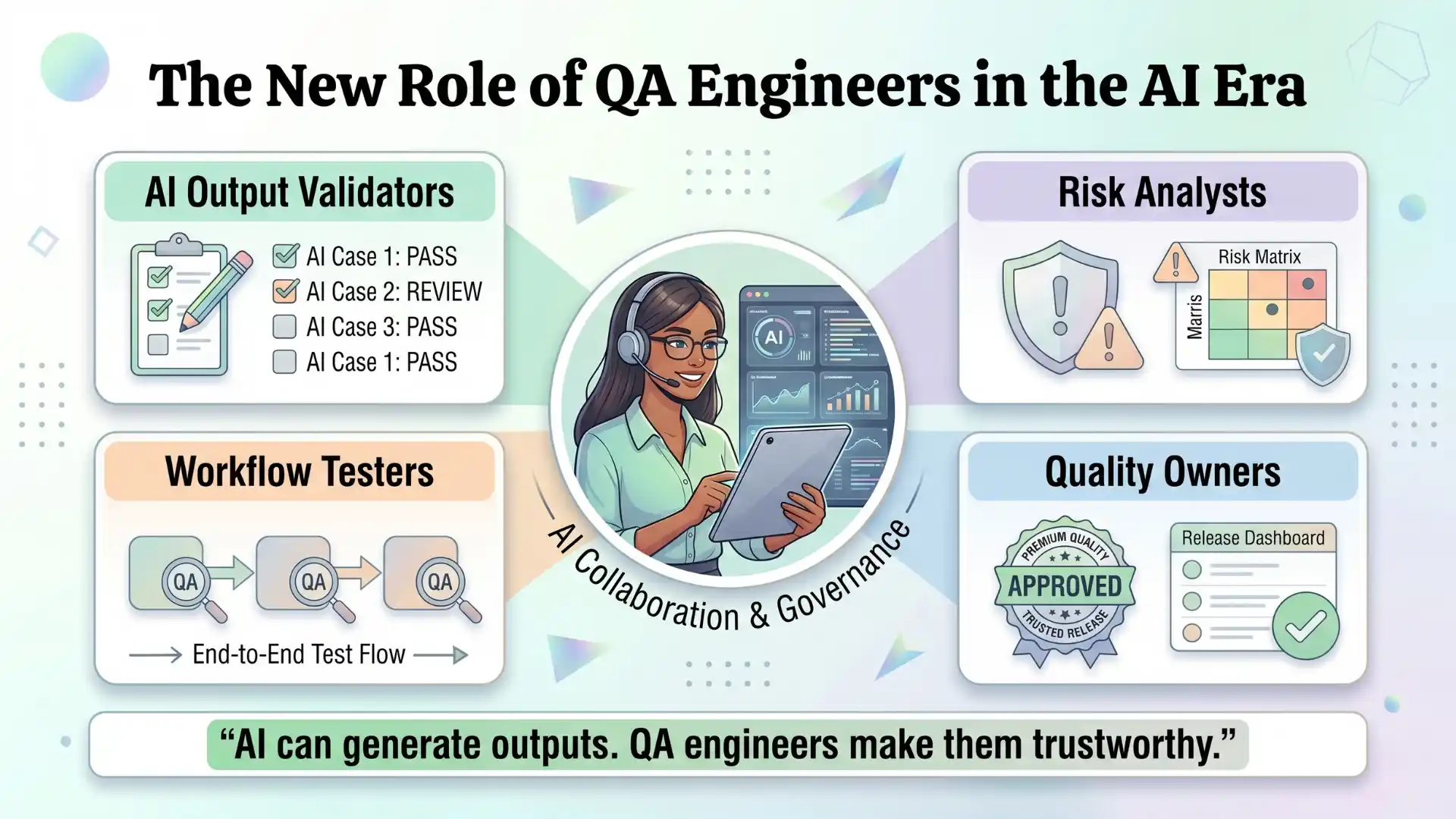 Infographic showing the new role of QA engineers in the AI era, including AI output validators, risk analysts, workflow testers, and quality owners who ensure trustworthy AI testing and reliable software quality.