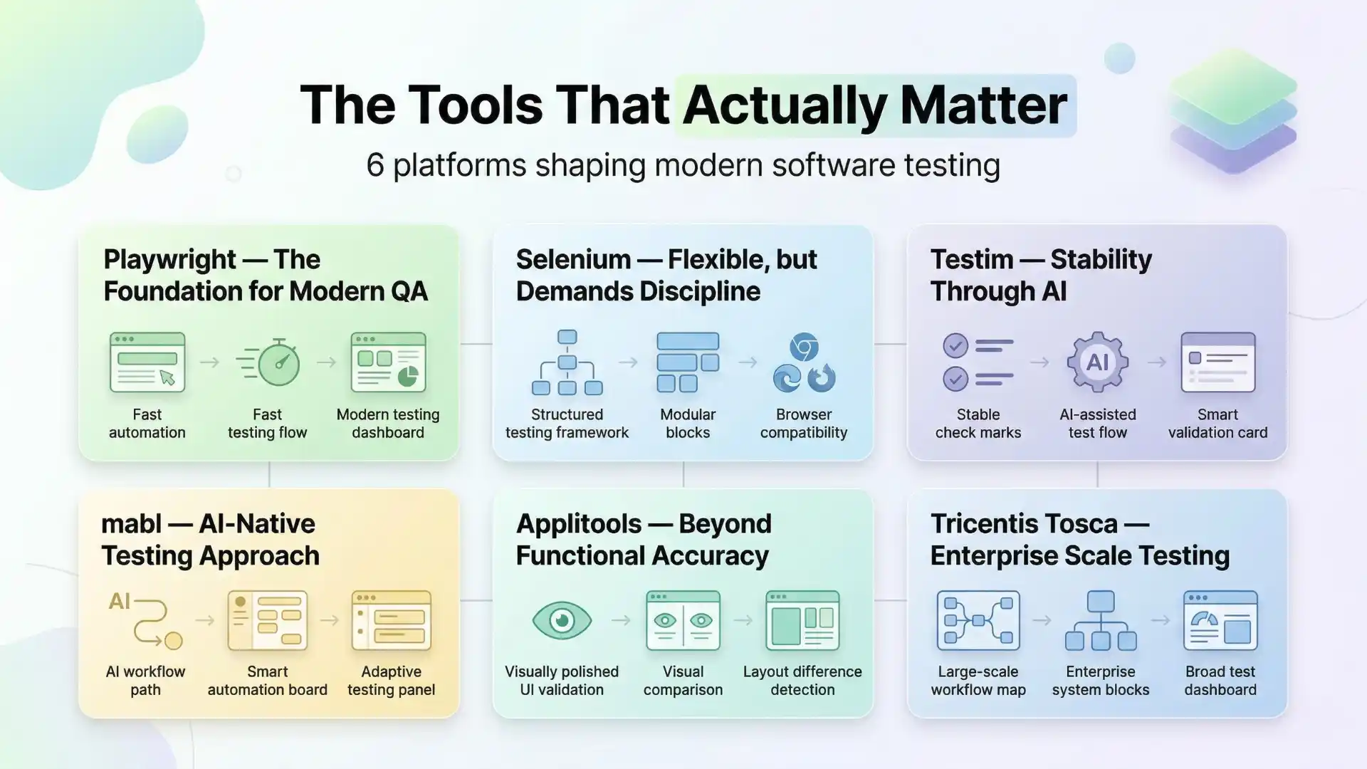 Infographic showing top software testing tools including Playwright, Selenium, Testim, mabl, Applitools, and Tricentis Tosca with their key strengths for modern QA teams.