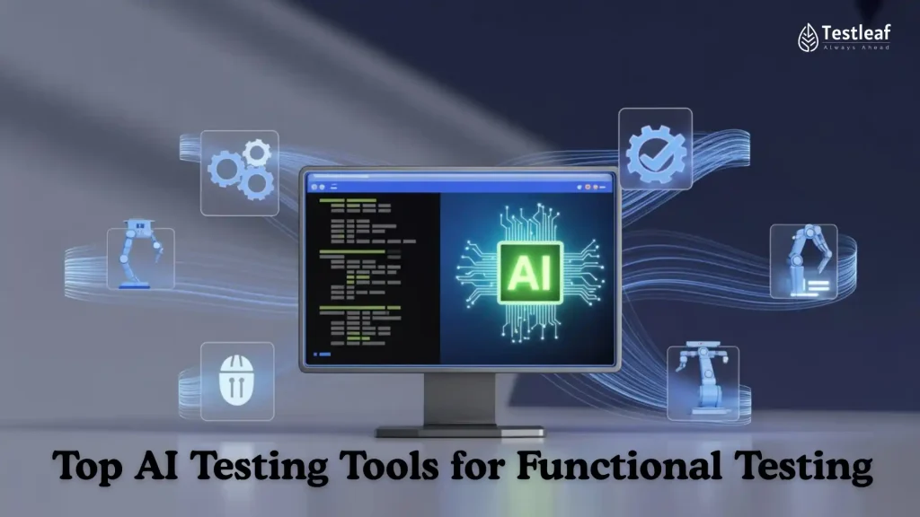 Title image for top AI testing tools for functional testing, showing modern QA automation, AI-assisted test workflows, and software testing platforms for reliable quality engineering.