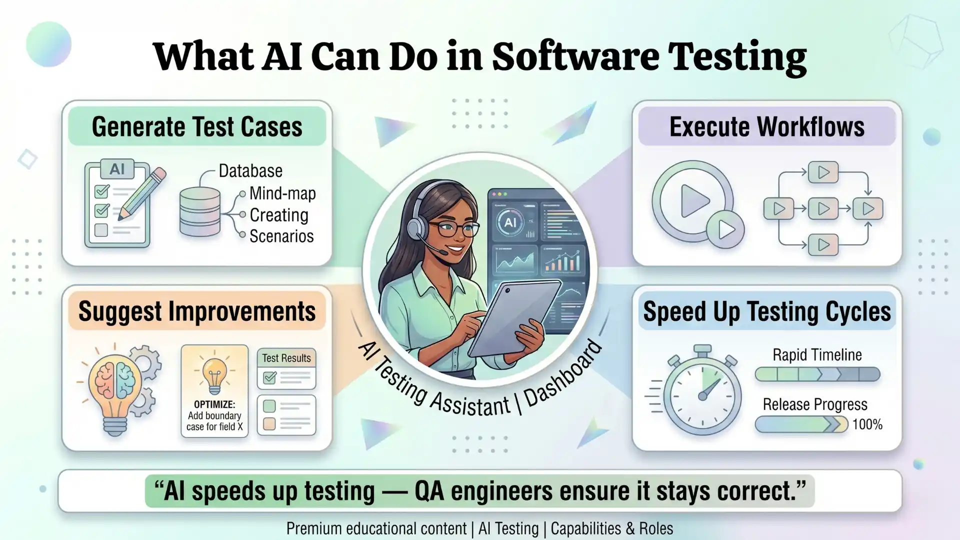 Infographic showing what AI can do in software testing, including generating test cases, executing workflows, suggesting improvements, and speeding up testing cycles, with a clean 16:9 light-theme QA design.