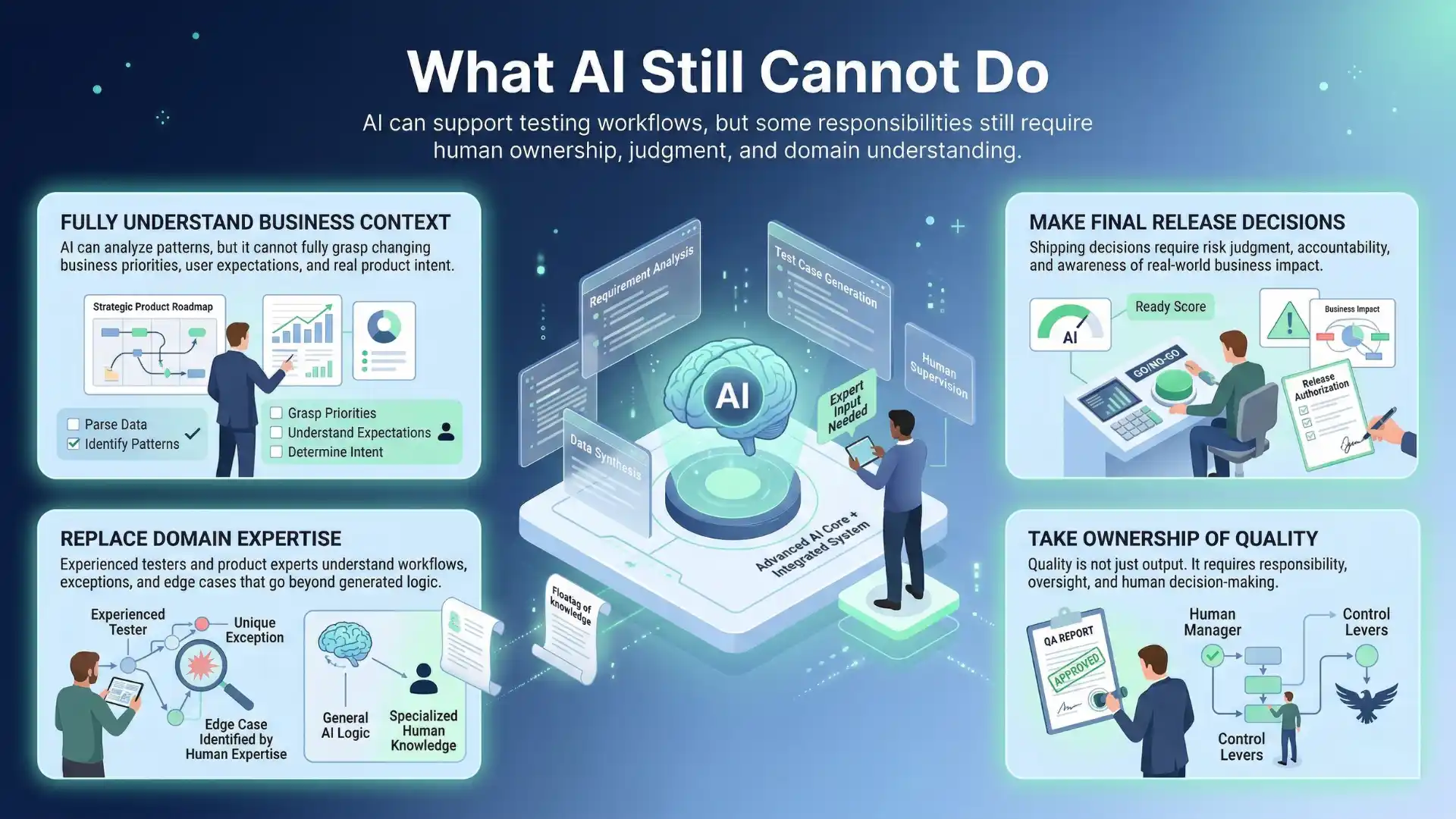 Infographic showing what AI still cannot do in software testing, including understanding business context, making release decisions, replacing domain expertise, and owning product quality.
