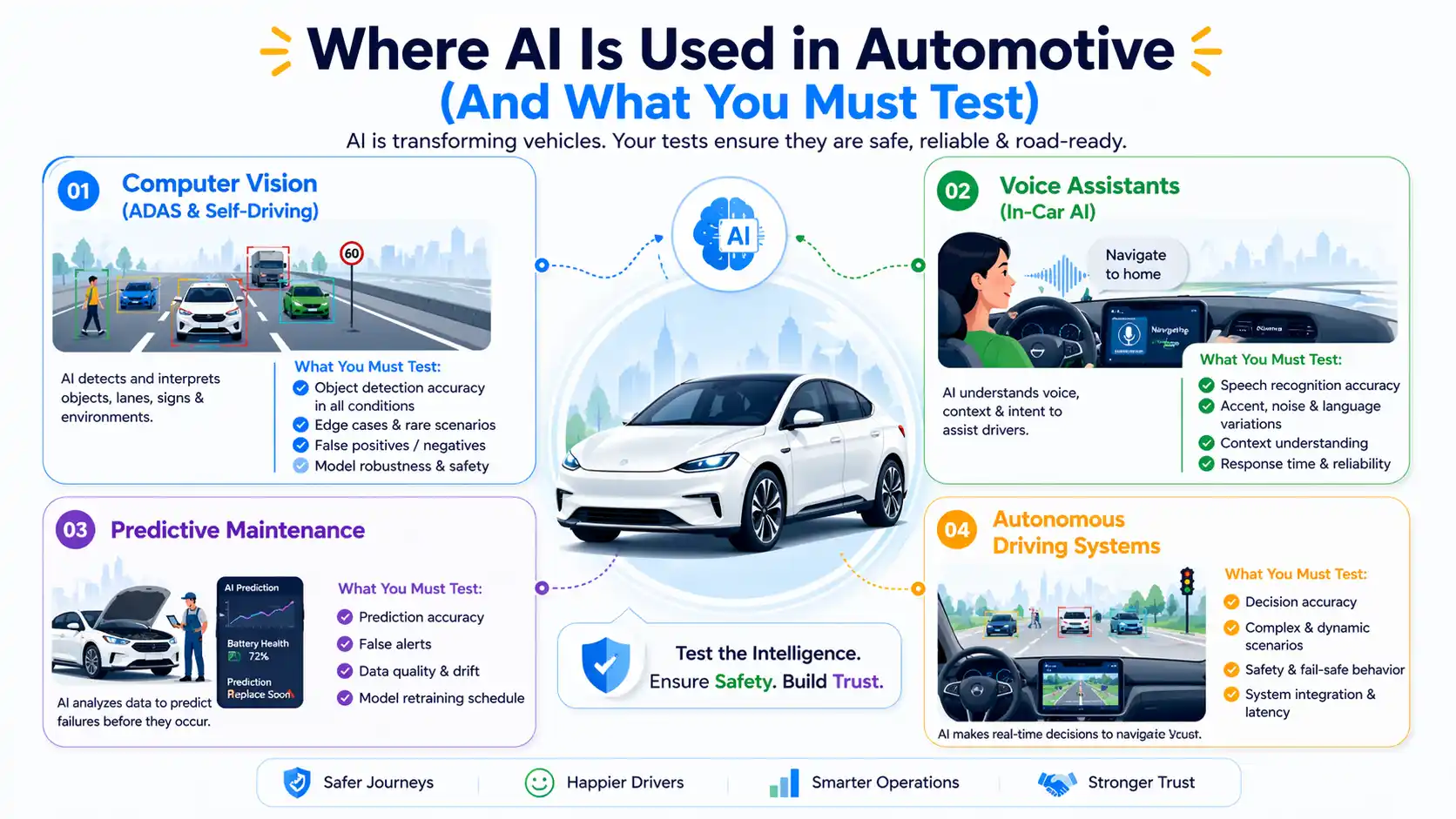 Infographic showing where AI is used in automotive software and what QA engineers must test, including computer vision for ADAS and self-driving, in-car voice assistants, predictive maintenance, and autonomous driving systems, with a central smart car illustration and testing checkpoints focused on safety, accuracy, reliability, and system performance.